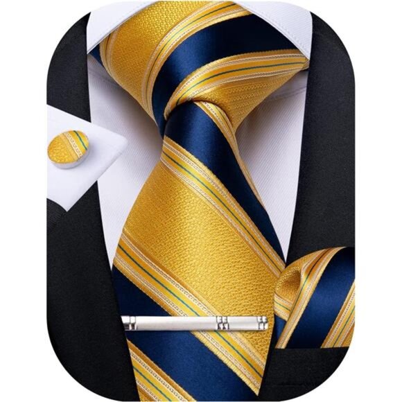 Men's Stripe Tie Silk Woven Necktie Pocket Square Cufflink Set Formal Business - Picture 1 of 7